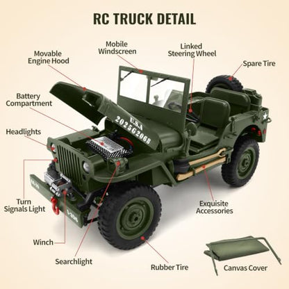 Remote Control Truck Off Road - 4x4 1/10 Scale Willys Army Rock Crawler RC Truck with Winch&Car Cover, 40Mins Play Time All Terrain Offroad RC Car, Military Vehicle Toys for Boys, Radio Controlled Car - color: Army Green