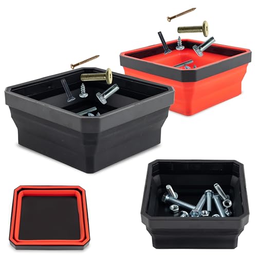 Collapsible Magnetic Parts Tray Set, 4.5” Square Silicone Foldable Bowls With Magnetic Base, Ideal For Screws, Bolts, Nuts, Washers, Pins, And Small Metal Parts (Red/Black,2Pc)