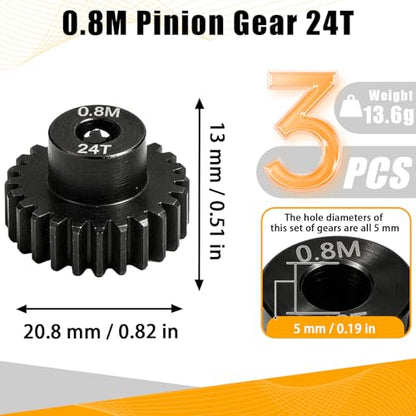 3-Pack Steel Metal 0.8M 5mm Pinion Motor Gear Sets 24T Compatible with HPI Kyosho Losi Axial Tamiya 1/8 1/10 RC Car Monster Truck Buggy, 0.8 Module Gear for Traxxsa Arrma - style: 3Pcs 24T