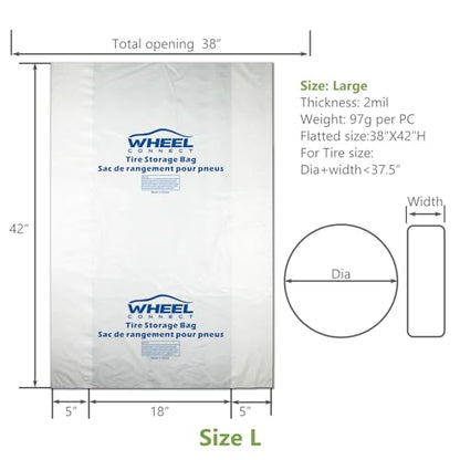 WHEEL CONNECT Tire Storage Bags. Made of Polyethylene LDPE Plastic, Large 38”X42”H, White, Pack of 8pcs. L. - color: Large-Pack of 8pcs