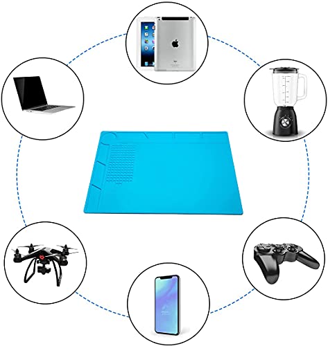 CPB Silicone Soldering Repair Mat, 13.7" x 9.8" Heat Resistant Work Mat | with Scale Rule and Screw Position for Soldering Iron, Electronics, Computer, Cellphone -（Blue）