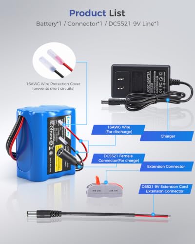 22.2V-24V 2.6Ah Lithium Battery, 22.2V-24V Rechargeable Li-ion Battery with Charger, Bare Leads Wire, Cable Connector for Kids Ride On Cars, DIY Project, Solar Panels, LED Light Strip, CCTV Camera