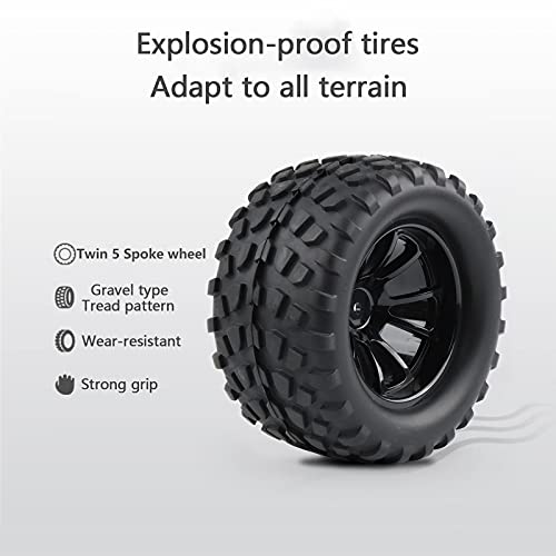 4X RC 1/10 Scale Monster Truck Tires Gravel Tread w/ 5 Spokes Wheel Rim | Black, For Stampede HSP Redcat Volcano XTE PRO - style: Twin 5 Spokes-Black