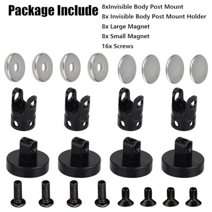 8pcs Magnetic Invisible Body Post Mounts for 1/8 1/10 Scale RC Cars Black Aluminum Alloy Stealth Design Easy Installation