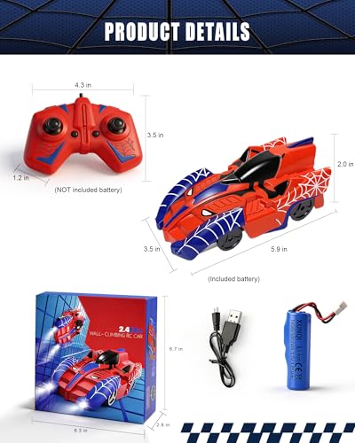 Spider Zero Gravity Climbing Wall Cars | 360° Rotating 2.4 GHz Remote Control Car, Indoor Stunt Toys for 3+ Years Old Birthday Gift