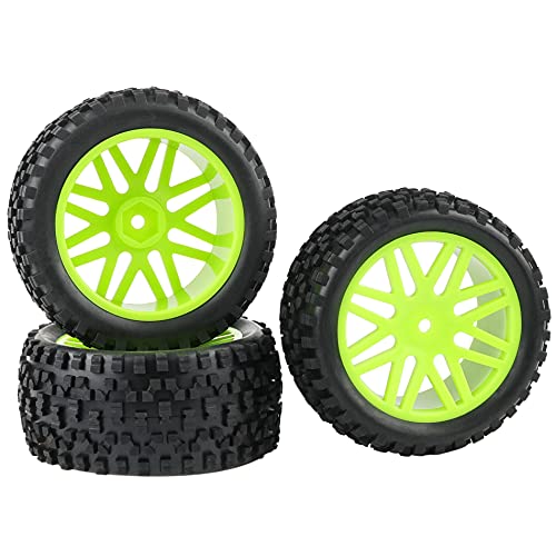 RC Tires Wheels Set, Green, 1/10 Scale, 12mm Hex | Compatible with Traxxas Rustler Stampede Slash Bandit, Front & Rear, Off-Road Tires for RC Car - color: Green