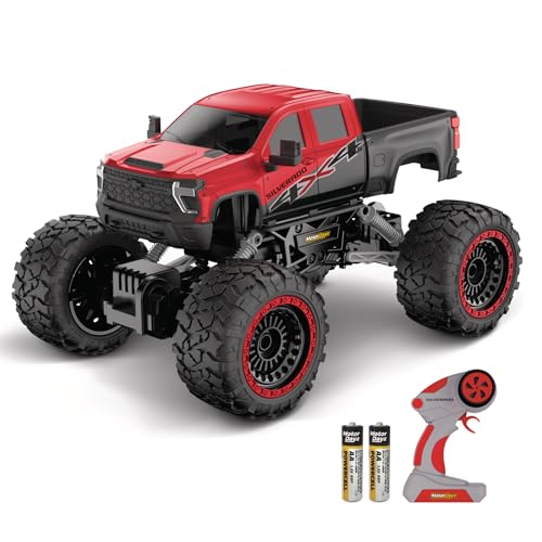 RC 4WD Heavy Metal Chevrolet Silverado Truck – 1:14 Scale Remote Control Car, Stamped Metal Body, 2.4GHz Full-Function Radio Control, USB Rechargeable, Ready to Run, Red
