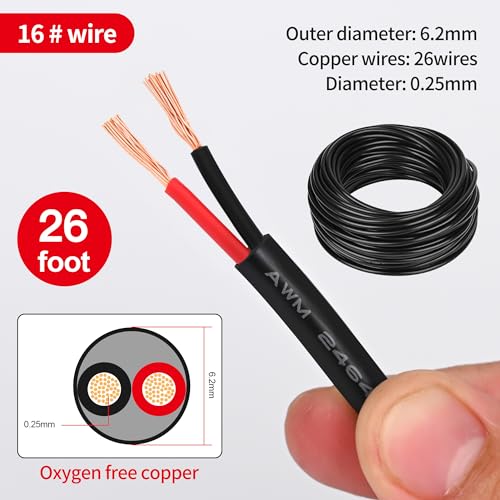 16 Gauge Wire 2 Conductor,16 AWG Electrical Wire Stranded PVC Cord Oxygen-Free Copper Cable,26FT 2 Core Pure Copper Flexible Cable Wire for LED Lamp Lighting Strips Automotive (16AWG-2C, 26FT)… - size: 26FT, style: 16AWG-2C