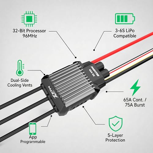 ZTW Mantis G2 65A Brushless ESC 3-6S LiPo/LiHV, 8A Adjustable SBEC 6V/7.4V/8.4V, Programmable RC Airplane Speed Controller with XT60 and 3.5mm Connectors for Fixed-Wing EDF Jets