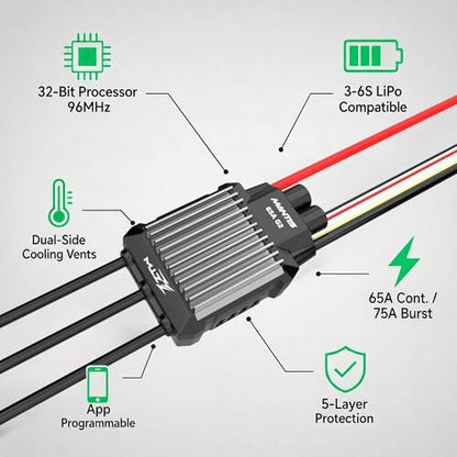 ZTW Mantis G2 65A Brushless ESC 3-6S LiPo/LiHV, 8A Adjustable SBEC 6V/7.4V/8.4V, Programmable RC Airplane Speed Controller with XT60 and 3.5mm Connectors for Fixed-Wing EDF Jets