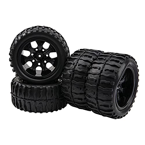 12mm Hub 4.64 inch OD Rubber Tires & Wheel Rim with Foam for 1/10 Scale Traxxas Slash HPI HSP Volcano ExceedRC Infinitive Off-Road Car Monster Truck (Style 2), Black - style: Style 2