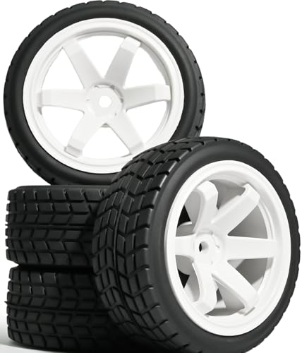OD 2.65" On Road Rubber Tires Plastic Wheel Rims 12mm Hex for 1/10 RC Car | Compatible with MJX HSP Tamiya HPI Kyosho Traxxas Sakura Redcat WLtoys 1/10 RC On-Road Racing Touring Car (4pcs, White) - style: C-White