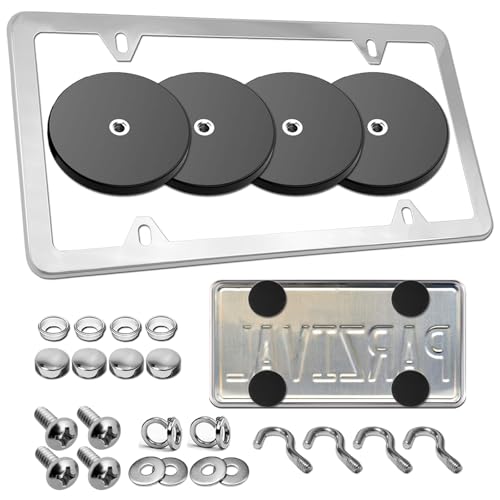 Magnetic License Plate Holder Bracket, Only for Metal Car Bumper | 4 Pack Strong Neodymium Magnet Mount, Rubber Coating, Chrome Stainless Steel Frame Screws, For Dealer Temporary Plate - color: Chrome-Slim edge