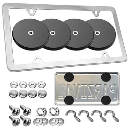 Magnetic License Plate Holder Bracket, Only for Metal Car Bumper | 4 Pack Strong Neodymium Magnet Mount, Rubber Coating, Chrome Stainless Steel Frame Screws, For Dealer Temporary Plate - color: Chrome-Slim edge