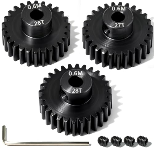 3Pcs 0.6M Hardened Steel Pinion Gear Set 3.175mm 26T 27T 28T Motor Pinion Gear with M4 Screw and Hex Key, Fit 3.175mm (1/8-Inch) Shaft, for Arrma HPI Kyosho Losi Axial Traxxas Tamiya 1/10 RC C - size: 0.6M-P-3.175mm-26-28T