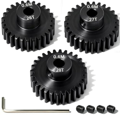 3Pcs 0.6M Hardened Steel Pinion Gear Set 3.175mm 26T 27T 28T Motor Pinion Gear with M4 Screw and Hex Key, Fit 3.175mm (1/8-Inch) Shaft, for Arrma HPI Kyosho Losi Axial Traxxas Tamiya 1/10 RC C - size: 0.6M-P-3.175mm-26-28T