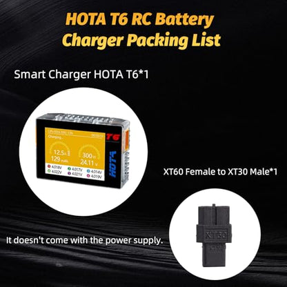 HOTA T6 RC 1S 2S 3S 4S 5S 6S Lipo Battery Charger RC Smart Battery Charger | 300W XT60, PD Dual Input, 15A, Compact RC Car Charger, Support PD3.0, QC Fast Charging Protocols, Muti-Language