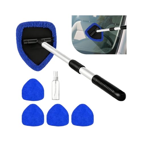 Car Windshield Cleaner Tool, Extendable Handle Pentagonal Vehicle Window Cleaning Kit with 4 Reusable Pads Spray Bottle, Auto Windscreen Detailing Cleaner, Universal Fit (Royal Blue) - size: Royal Blue