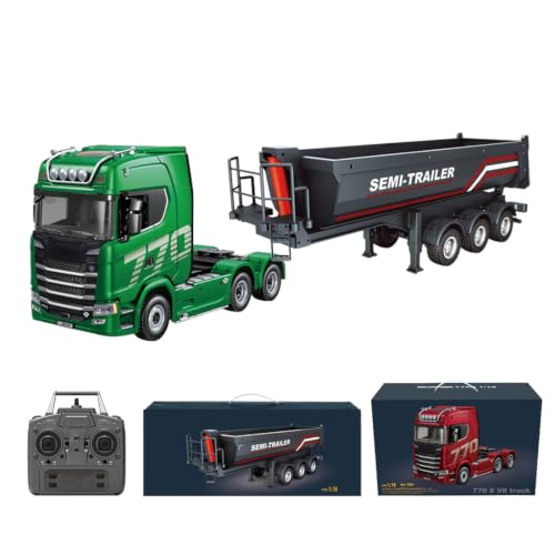 770S 1/18 RC Semi Trailer, 6x4 Heavy Duty Tractor Truck with Rear Wheel Drive, Adult Collectible Model (Green All 2) - color: Green All 2