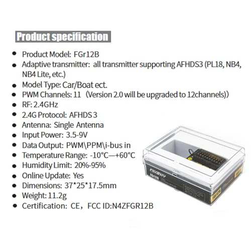 GoolRC Flysky FGr12B Receiver, 2.4GHz 12 Channels Remote Control Receiver Single Antenna PWM/PPM/I-Bus Output Compatible with Flysky Noble NB4+ NB4 Pro+ PL18 RC Transmitter for RC Car Boat