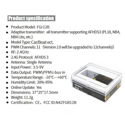 GoolRC Flysky FGr12B Receiver, 2.4GHz 12 Channels Remote Control Receiver Single Antenna PWM/PPM/I-Bus Output Compatible with Flysky Noble NB4+ NB4 Pro+ PL18 RC Transmitter for RC Car Boat