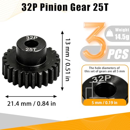 32P 25T RC Car Gear Set | 45# Steel Black Oxide | 5mm Bore +0.03mm | Precision Engineered Motor Pinion Gear Compatible with Traxxas/ARRMA/HPI/Kyosho (3-Pack with M4 Set Screws) - style: 3Pcs 25T