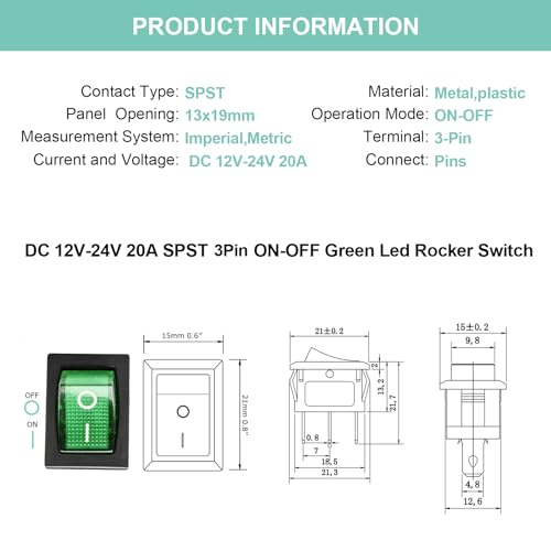5 Pack KCD1 SPST On/Off Green LED Boat Rocker Toggle Switch | 3-Pin 2-Position Snap In, Only for DC 12V-24V 20A - color: Green, size: DC 12V-24V 20A - Not Pre-Wired