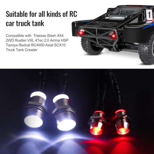 HobbyPark 4 LEDs RC Car Light Headlights Taillight Kit Accessories for Traxxas Slash 4X4 2WD Rustler VXL 4Tec 2.0 Arrma HSP Tamiya Redcat RC4WD Axial SCX10 Truck Tank Crawler(2 Red +2 White)