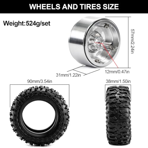 1.9" Beadlock Aluminum Wheels and 90mm Soft Rubber Tires for MJX Hyper Go H12Y, MN128, 1/12 RC Crawler Upgrade Parts, Set of 4 with Foam Inserts