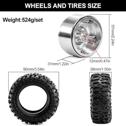 1.9" Beadlock Aluminum Wheels and 90mm Soft Rubber Tires for MJX Hyper Go H12Y, MN128, 1/12 RC Crawler Upgrade Parts, Set of 4 with Foam Inserts