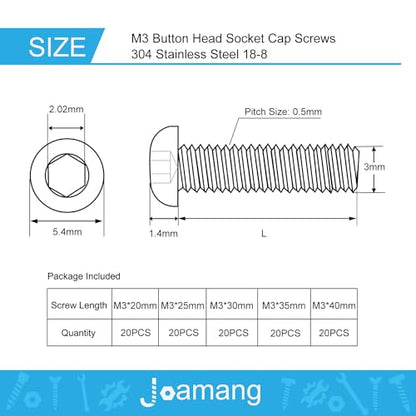 M3 x 20mm 25mm 30mm 35mm 40mm Button Head Socket Cap Screws Bolts, Stainless Steel 304, Metric Allen Hex Drive, Bright Finish, Fully Threaded, Assortment Kit 100PCS - size: Button M3x20-40 mm