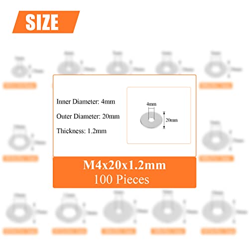 HELIFOUNER 100 Pieces M4x20x1.2mm Fender Washers, 304 Stainless Steel Large Fender Washers, Inner Diameter 4mm, Outer Diameter 20mm, Thickness 1.2mm - size: M4x20x1.2mm