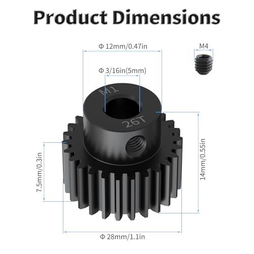 Pinion Motor Gear, M1 26T, 3/16 in (5mm) Shaft Hole | M1 Pitch 26 Teeth, 1045 Hardened Carbon Steel, 3/16 Inch Shaft Hole, RC Motor Pinion Upgrade, for 1/10 RC Brushless Crawler - size: M1 26T
