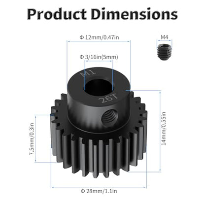 Pinion Motor Gear, M1 26T, 3/16 in (5mm) Shaft Hole | M1 Pitch 26 Teeth, 1045 Hardened Carbon Steel, 3/16 Inch Shaft Hole, RC Motor Pinion Upgrade, for 1/10 RC Brushless Crawler - size: M1 26T