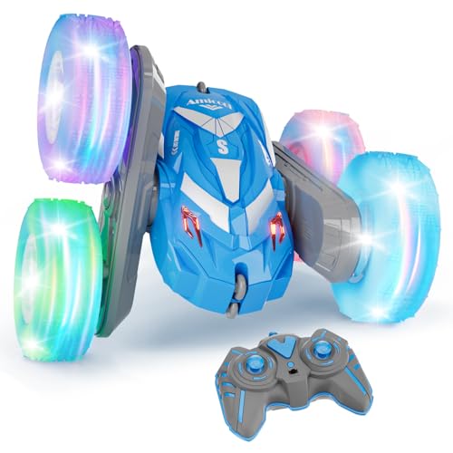 Amicool Remote Control Car for Boys 6-12 with Flashing Lights – 4WD Double-Sided 360° Flip Stunt RC Car | Birthday Indoor & Outdoor Play | Blue - color: Blue