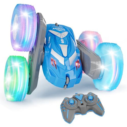 Amicool Remote Control Car for Boys 6-12 with Flashing Lights – 4WD Double-Sided 360° Flip Stunt RC Car | Birthday Indoor & Outdoor Play | Blue - color: Blue