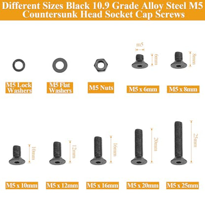 245 Pieces M5 Screws Nuts Washers Set Black, Sutemribor M5 x 6/8/10/12/16/20/25mm Countersunk Head Socket Cap Screws Nuts Washers Assortment Kit, 10.9 Grade Alloy Steel, Fully Threaded - size: M5, style: Countersunk Head Socket Cap
