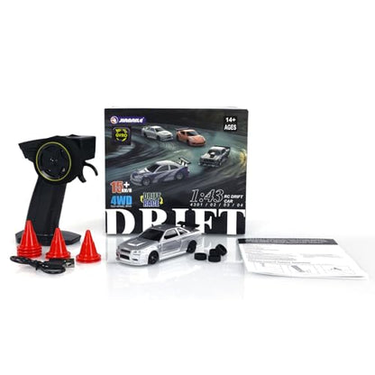 TOUCAN RC HOBBY 1/43 Ready to Run Race Car Gyro Drift Car 4WD Traffic Cones Mini for Ages 14+ - color: Silver