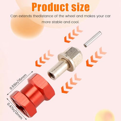 4pcs 12mm Hex Wheel Hub Drive Adaptor 15mm Extension Combiner Coupler for 1/10 RC Car Crawler SCX10 D90,Red