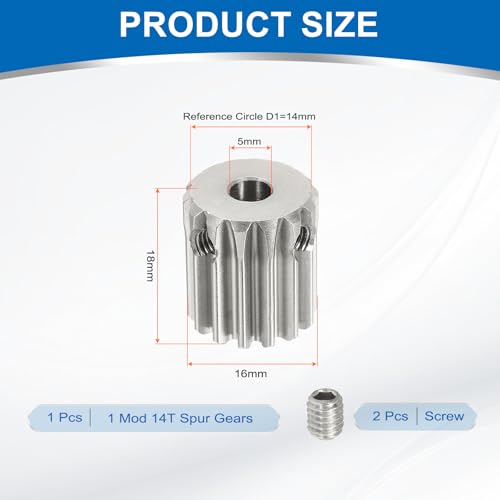 uxcell 1 Mod 14T Spur Gear 5mm Bore, 304 Stainless Steel Pinion Gear, 20°Pressure Angle, for Spur Rack and RC Model Car or Motor DIY - size: 1 Mod 14T, 5mm