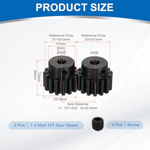 uxcell 2Pcs 1.5 Mod 15T Spur Gear 6mm Bore, 1045 Steel Pinion Gear Black Surface Treatment, 20° Pressure Angle, for Spur Rack and RC Model Car or Motor DIY(17mm) - size: 1.5 Mod 15T, 6mm x 17mm