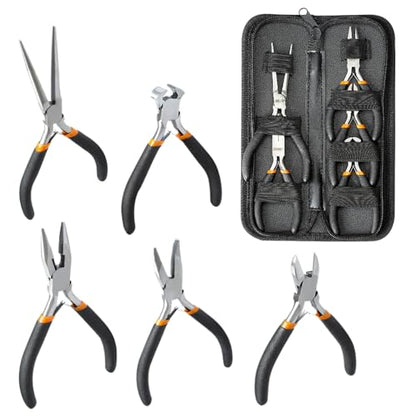 LIFEGOO 5 Pieces Mini Pliers Set – Durable Precision Tool Kit for Crafts, Jewelry & DIY, Includes Long Needle Nose, Bent Nose, Diagonal, End Cutting, Nipper (Black) - color: Black