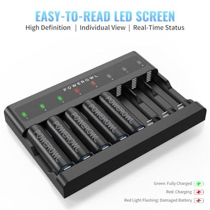 POWEROWL AA AAA Battery Charger 8 Bay, Independent Slot, USB Fast Charging for Ni-MH Ni-CD Rechargeable Batteries - size: Ultra-thin