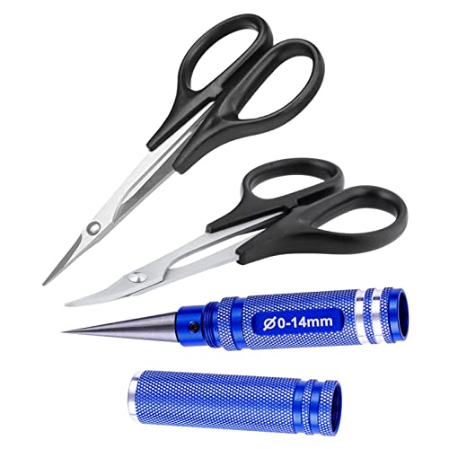 RC Body Reamer 0-14mm Hole Puncher w/Sleeve and Curved Scissors & Straight Scissors Set RC Car Body Mounting for RC Car Truck Bodyshell Repair Tools (Blue) - color: Blue