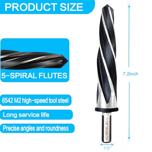 1-1/8" Bridge Construction Reamer Drill Bit, M2 HSS Taper Chucking Reamer for Steel Alloy Metal Wood Plastic, 1/2" Non-Slip Shank, 5-Spiral Flutes Car Reamer, to Align or Enlarge Holes, 28mm - size: 1-1/8"