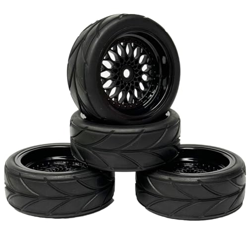 4PCS 64mm Rubber Tires and Plastic Wheel Rims Set 12mm Hex Replacement Part for Sakura Tamiya TT02 HPI HSP Kyosho 1/10 RC On Road Run-flating Touring Racing Car Tyre (Black, Offset:6mm) - color: Black, size: Offset:6mm