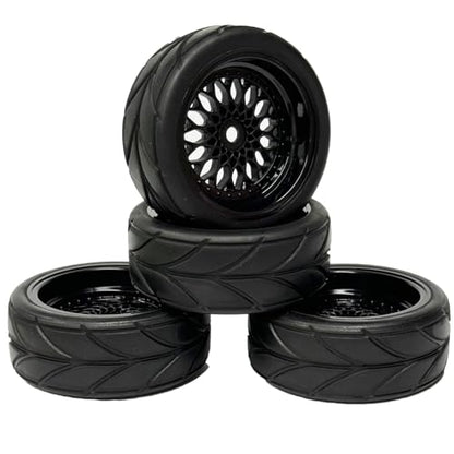 4PCS 64mm Rubber Tires and Plastic Wheel Rims Set 12mm Hex Replacement Part for Sakura Tamiya TT02 HPI HSP Kyosho 1/10 RC On Road Run-flating Touring Racing Car Tyre(Black,Offset:3MM) - color: Black, size: Offset:3mm