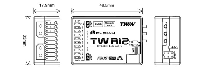 FrSky TW R12 Dual 2.4G with PWM SBUS FBUS or S.Port XT30 Plug Receiver
