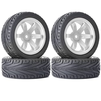 4PCS RC Car Rubber Tires and Plastic Wheels Rims Compatible with 1/10 Scale On Road Touring Racing Flat Drift Car for HSP HPI Tamiya(White) - color: White