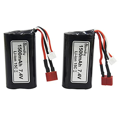 Blomiky 2 Pack 7.4V 1500mAh 15C Li-ion Rechargeable Battery with T Plug Connector and USB Cable for 9155 and 9156 1:12 Scale High Speed RC Truck 9156